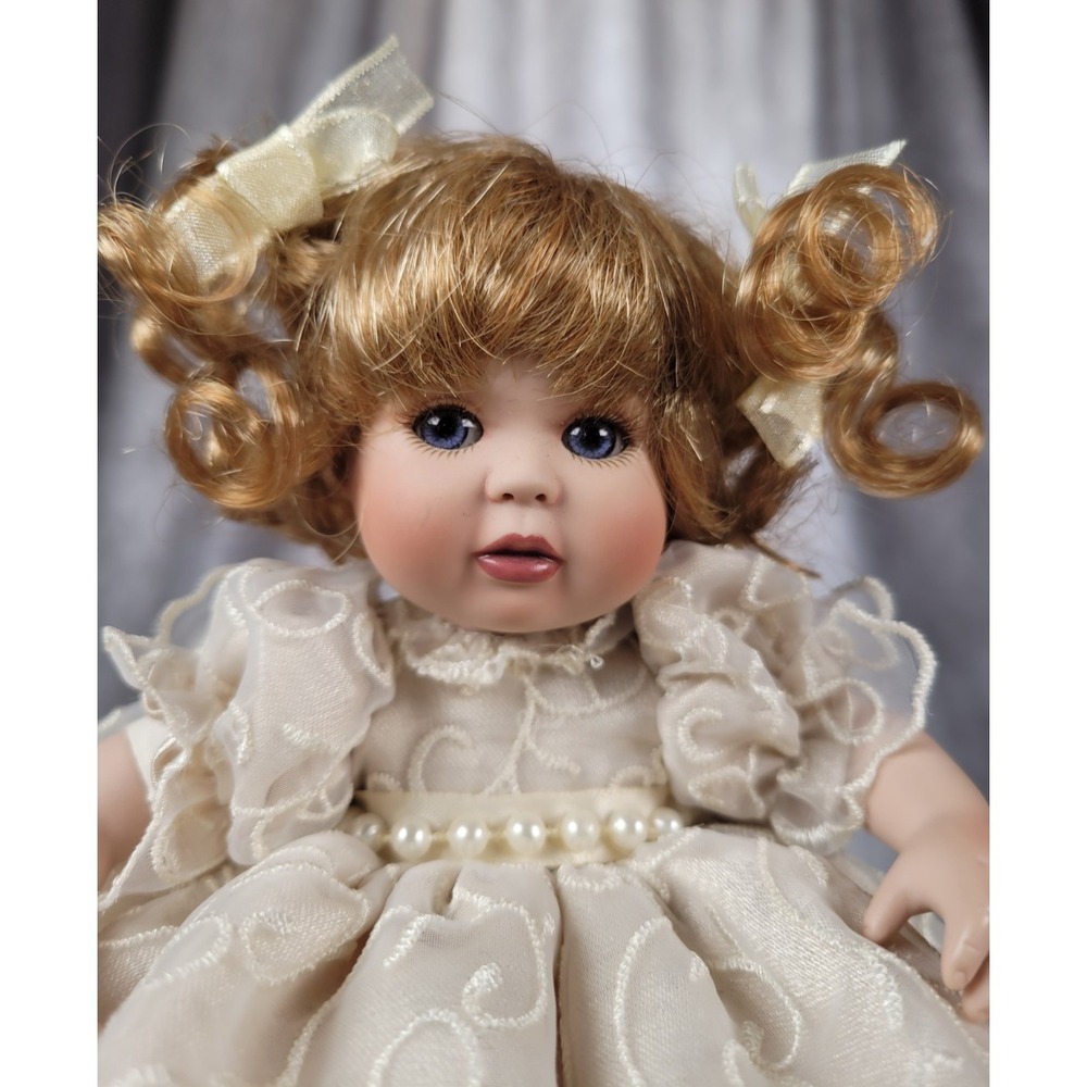 Vintage Corolle Style Porcelain Doll Curly Hair Lace Dress Small Seated Doll